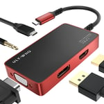 USB C Video Hub, 5-IN-1 Type C Multi-Display Docking Station with 4K HDMI, 4K DisplayPort, 1080P VGA, 100W PD 20V5A and 3.5mm Audio & Mic for Thunderbolt 3/4, USB4, MacBook, Dell XPS 13, Laptop (Red)