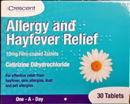 Hayfever & Allergy Relief Tabs Cetirizine Hydrochloride 10mg Crescent 30 Tablets