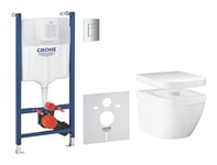 GROHE Solido Euro Ceramic 5-in-1 Box Solution (White Wall Hung Toilet with Soft Close Seat, Chrome Flush Plate, WC Frame 1.13 m, Sound Insulation, 2 Wall Brackets), Ready to Install, 39890000