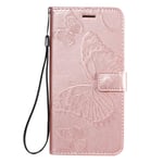Samsung Galaxy A12 / M12 Case Cute Butterfly Shockproof Folio Flip PU Leather Wallet Case with Card Slot Stand Silicone Bumper Phone Cover for Samsung A12 / M12 Case for Girls Women Kids, Rose Gold