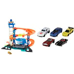 Hot Wheels Track Set and 1:64 Scale Toy Car, Multi-Level Playset with Shark Nemesis Challenge, City Shark Escape Playset ​​​, HDP06 & 5-Car Pack of 1:64 Scale Vehicles, 1806