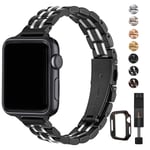 HEKAI Metal Straps Compatible with Apple Watch Strap 38mm 42mm 40mm 44mm 41mm 45mm, Slim Small Adjustable Stainless Steel Replacement Band iWatch Series 7/6/5/4/3/2/1,SE (38mm/40mm, Black&Silver)