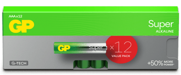 GP Super Alkaline Battery, Size AAA, 24A/LR03, 1.5V, 12-pack