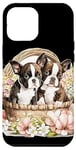 iPhone 15 Pro Max Boston Terrier Puppies in Floral Wicker Basket Case