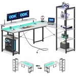 ODK Bureau d'angle Informatique Réversible de avec Bibliothèque, Bureau avec Long Support de Moniteur Réglable (Blanc, 155cm avec LED & 2 Prises de Courant)