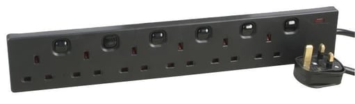 PRO ELEC - 6 Way Extension Lead with Individual Switches, 2m Black