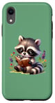 Coque pour iPhone XR Vert mignon raton laveur lisant avec souris ami et fleurs