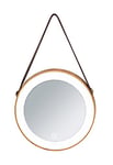 WENKO Miroir rond Usini, miroir mural, miroir LED, style industriel, Ø 20,5 x 2,6 cm, sangle en similicuir et miroir en bois bambou