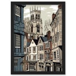 Shambles Street Cityscape with York Minster Towers Artwork Framed Wall Art Print A4