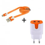Pack Chargeur Pour Iphone 11 Pro Max Smartphone Micro-Usb (Cable Noodle 1m Chargeur + Double Prise Secteur Couleur Usb) - Orange
