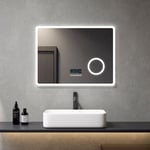 Miroir de salle de bain lumineux avec Anti-buée 80x60cm Miroir Mural led avec Bluetooth, 3x Loupe et Commutateur Tactile - Meykoers