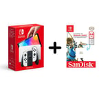 Nintendo Switch (modèle OLED) avec station d’accueil et manettes Joy-Con blanches + Carte mémoire microSD SanDisk SDSQXAT-064G-GNCZN 64 Go Blanc