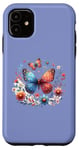 Coque pour iPhone 11 Illustration inspirée de la nature avec papillon coloré et floral bleu