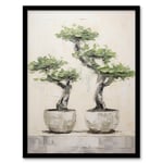 Japan Bonsai Trees In Pots Oil Painting Pallet Knife Neutral Tone Textured Tree Artwork Art Print Framed Poster Wall Decor