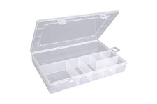 Boîte rangement plastique PP-Eco avec 8 compartiments | boite rangement compartimentsolide pour vis et autres petites pièces | subdivision fixe | 23,3 x 33,9 x 5,8 cm, transparent