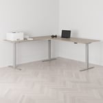 Höj och sänkbart hörnskrivbord, vänstersvängt, grått stativ, ek bordsskiva 200x200cm