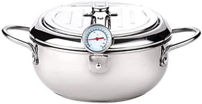 Japanese Style Stainless Steel Tempura Deep Frying Pot Anti-Stick Oil Saving Fryer Household Cooking Pot with Thermometer,Lid, Oil Strainer (201 Stainless Steel)
