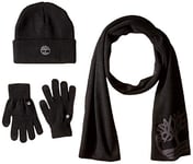 Timberland Boys' Double Layer Scarf, Cuffed Beanie & Magic Glove Gift Set Winter Accessory, Black, One Size