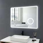 Miroir led de salle de bain avec anti-buée, Bluetooth, horloge 80x60cm Miroir Mural, 3x Loupe Miroir Maquillage, Interrupteur Tactile - Meykoers