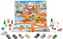 Hot Wheels Toy Cars, 2024 Advent Calendar, 8 1:64 Scale Cars, 16 Winter-Themed Accessories behind 24 Numbered Doors & a Playmat, HTG00