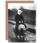 Christmas Xmas Merry Bizarre Santa Pig Funny Greetings Card Plus Envelope Blank inside