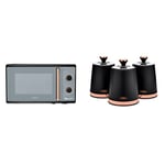 TOWER T24038RG Cavaletto Manual Microwave with 5 Power Levels & 35 Minute Timer, 800W, 20L, Black Rose Gold & T826131BLK Cavaletto Set of 3 Storage Canisters, Steel, Black and Rose Gold