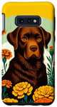 Coque pour Galaxy S10e Chocolate Lab Art Labrador Retriever Marigolds Marron
