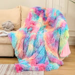 Rainbow Warm Fluffy Shaggy Blanket Faux Fur Throw Sofa Bed Double Bedspread UK