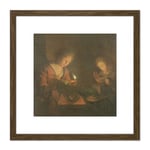 Schalcken Fire And Light Candle Coals Painting 8X8 Inch Square Wooden Framed Wall Art Print Picture with Mount