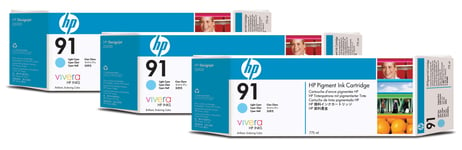HP 91 3-pack 775-ml Light Cyan DesignJet Pigment Ink Cartridges blekkpatron 3 stykker Original
