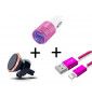 Pack Voiture Pour Iphone Se 2020 (Cable Chargeur Metal Lightning + Double Adaptateur Allume Cigare + Support Magnetique) - Rose