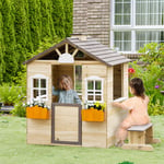 Kids Wooden Playhouse, Outdoor Garden Toys w/ Door, Bench, Flowerpot Holder
