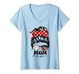 Womens Mom Life Messy Bun Hair Funny Baseball Bowling Player Mom V-Neck T-Shirt