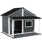 Rootz Dog House - Utomhus hundkennel med veranda - Väderbeständig - Gran Wood - Grå + Vit - 124cm x 112cm x 105cm
