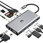 HOPDAY 11 en 1 Hub USB C, USB C Docking Station Triple Display Via VGA/HDMI, Macbook Pro/Air USB C Adapter(1G Ethernet,PD 100W,3.5mm Audio,SD/TF Reader, USB A 3.0/2.0) Dongle pour Dell,HP,Lenovo