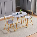 QIHANG-UK 3-Piece Small Dining Table Set for Indoor Outdoor, Wood Kitchen Table with 2 Dinner Chairs for Living Room Garden Backyard Tea-time, Marble Look Oval Dinette Set with Metal Legs (Gold)