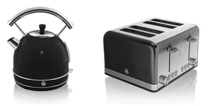 NEW Swan Kitchen Appliance Retro Set - BLACK 1.7 Litre Dome Kettle & BLACK Retro Stylish 4 Slice Toaster Set