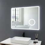 Miroir de salle de bain Illumination avec Anti-buée 80x60cm Dimmable lumineux Mural Miroir Led avec 3x Loupe Interrupteur Tactile - Meykoers