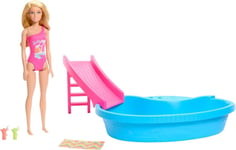 Barbie - Doll And Pool Playset, Blonde With Pool, Slide, Towel And Drink Accessories (HRJ74)