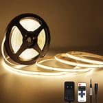 TTWAY Ruban LED COB 2700K, 5M DC24V Bande LED Blanc Chaud avec Alimentation et Télécommande, 480LEDs/M, CRI 93+, Largeur 8mm, Bande Lumineuse COB Dimmable pour Chambre, Décoration de la Maison