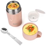 Insulated Lunch Container Food Flask, 600ml (20 oz)Stainless Steel Vacuum Hot & Cold Food Flask, Pink Insulated Soup Food Jar With Folding Spoon for Baby Picnic, School, Office, Travel