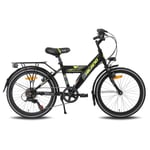 Hiland Rocket Vélo pour enfant 20" pour enfants à partir de 7 à 10 ans avec Shimano 6 vitesses, Shimano Twist Grip Shift, éclairage selon la réglementation de la route allemande, porte-bagages, béquille en aluminium, noir/vert