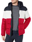 Tommy Hilfiger Men's Hooded Puffer Jacket, Midnight/White/Red, XXL