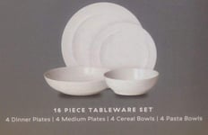 Denby White 16 Piece Dinner Set, 4X Dinner, Medium Plate, & 4X Cereal, Pasta Bowl
