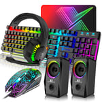 Wired RGB Backlit Mechanical Feel USB Gaming Keyboard +2400DPI LED Gaming Mouse +RGB Gaming Headset Stereo Surround Sound with Mic for PC/PS4/PS5/XBOX+Wired RGB Gaming Speakers+Mouse Pad(Black)