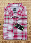 New Hugo BOSS red pink checked Athleisure stretch regular tie casual shirt LARGE