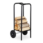 Relaxdays Chariot pour bûches en Bois, en Acier, 85 x 72 x 30 cm, capacité 50 kg, 2 Roues, extérieur et intérieur, Noir