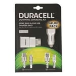 Duracell Lightning Ladekit - 220V og 12V Lader inkludert 1m og 2m MFI Apple Lightning-kabel