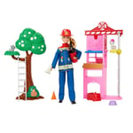 Barbie® Barbie Pompière Coffret avec poupée, caserne de pompiers et arbre, 2 animaux, changement de couleur et plus de 10 accessoires dont un extincteur, HRG55