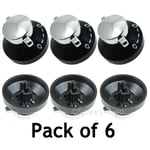 6 X World Oven Gas Knob Hob Cooker Flame Switch Silver Black Chrome